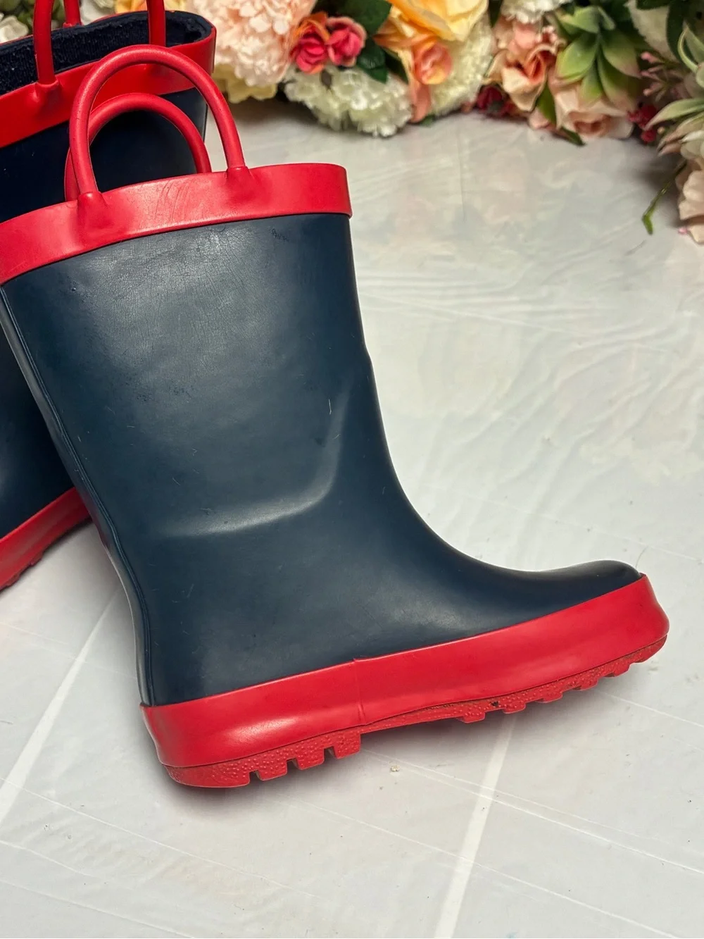 Kids Rain Boots Navy Red Pull Handles Size 7 Mid Calf Round Toe